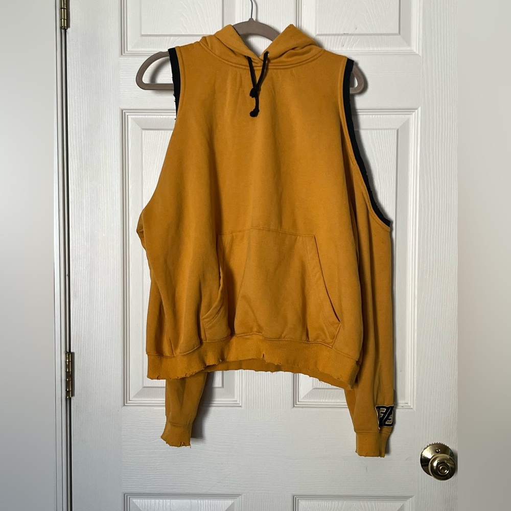 LF Mustard Yellow Distressed Cold Shoulder Shoulderless Hooded Sweatshirt Small